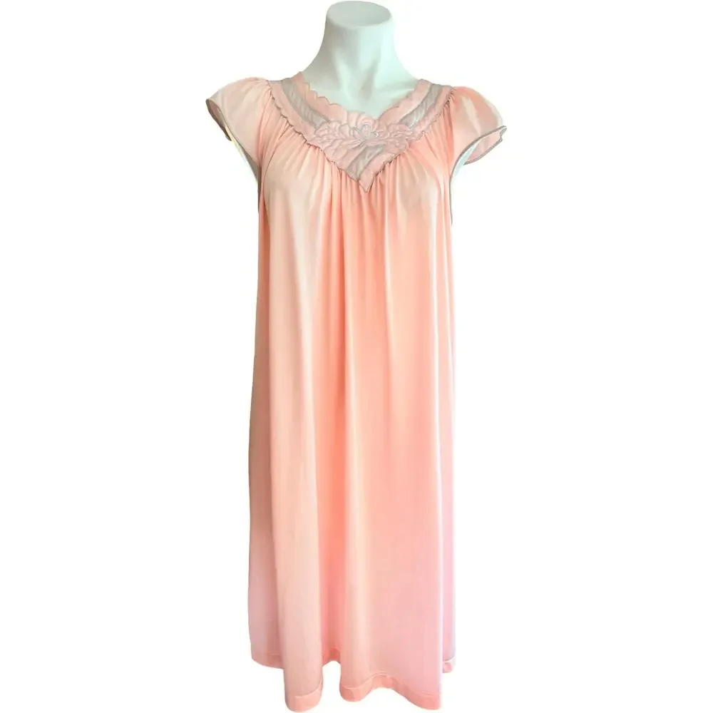 Vintage Shadowline Peignoir Set Small Pink Nylon Floral Appliqué Nightgown Robe
